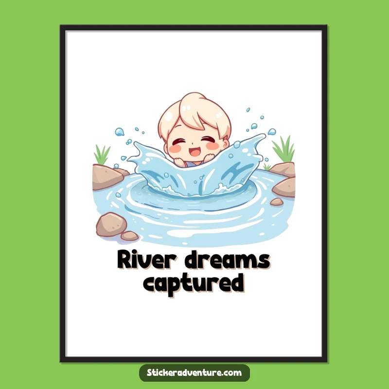 Funny River Splash Digital Art: Character's Joyful Scene, Instant Download