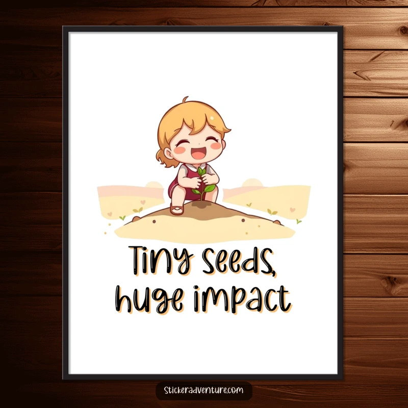Funny Digital Art Print: Cute character joyfully planting a tiny seedling in a vast landscape, symbolizing growth and new beginnings.