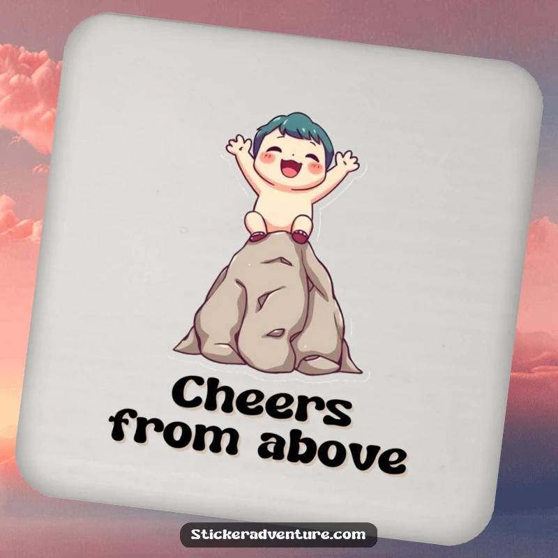 Funny drink coasters featuring a cute character joyfully scaling a small rocky outcrop, beaming with accomplishment.