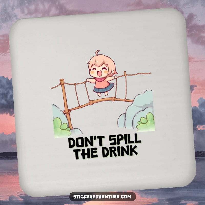 Funny drink coaster featuring a character gleefully crossing a wobbly rope bridge, adding humor to entertaining.