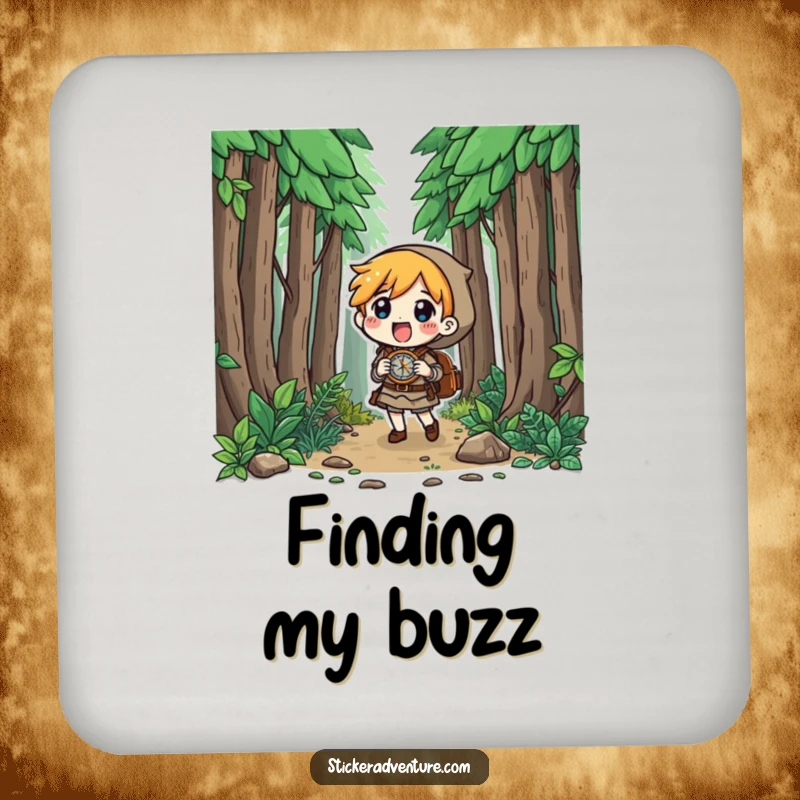 Funny character in a forest with a compass, curious look, protecting surfaces, inspiring and practical funny gift.