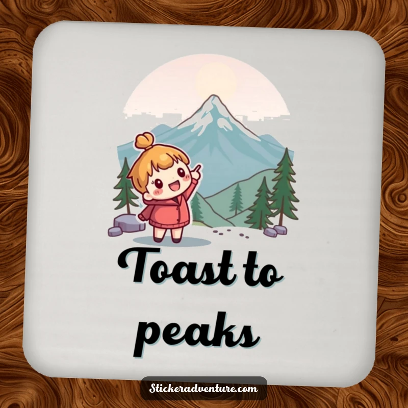 Funny adventure drink coaster featuring a cute character enthusiastically pointing towards a mountain peak; humorous accessory.