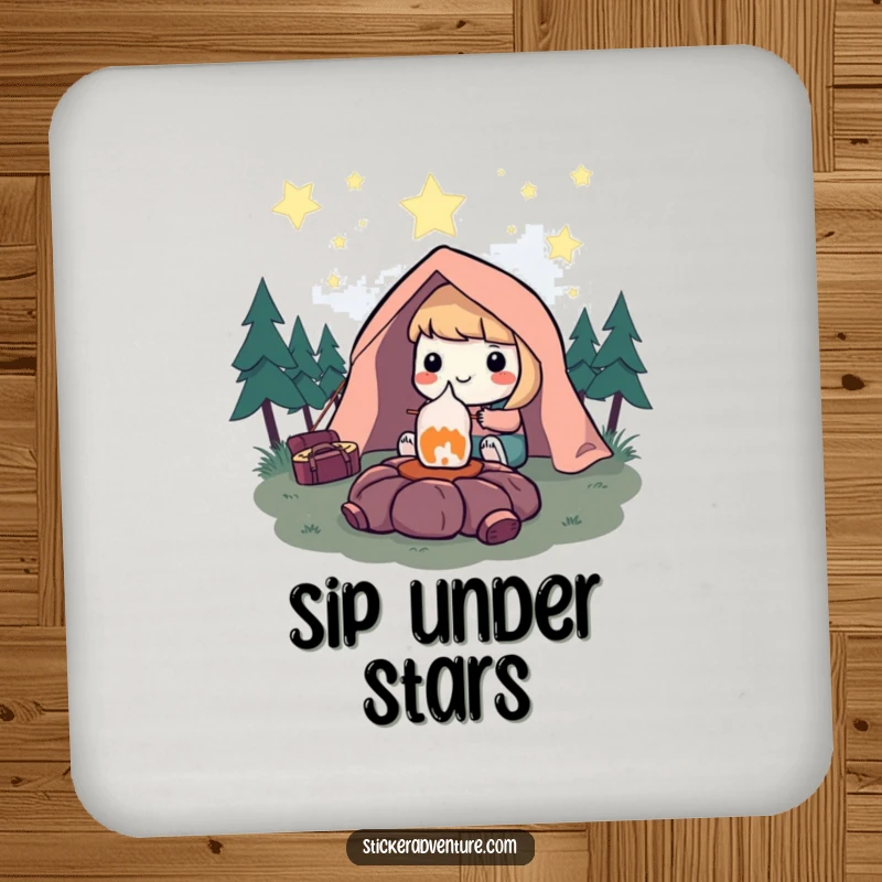 Funny Coaster: Character smiling while roasting a marshmallow under a starry sky, adding sweet humor to drink protection.