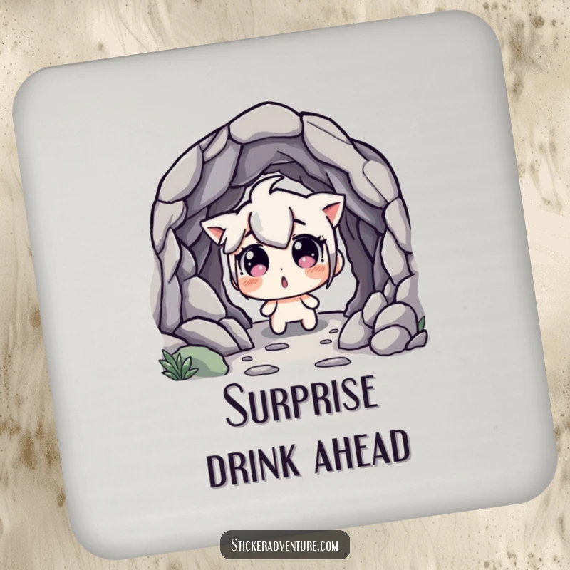 Funny Coaster: Character discovering a hidden cave entrance with wide, surprised eyes, adding humorous surprise to drink protection.