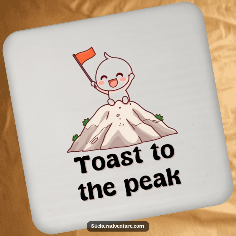 Funny Coasters: An excited character grins while planting a flag on a mountaintop, protecting furniture with style.