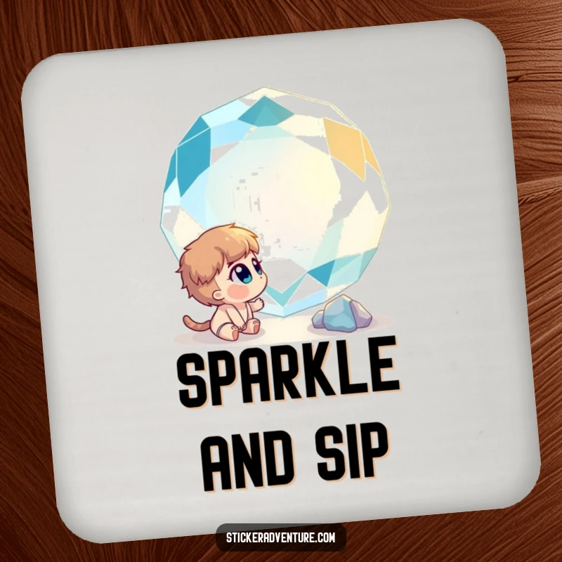 Funny drink coasters featuring a curious character gazing in wonder at a giant, sparkling gemstone, adding magical flair.