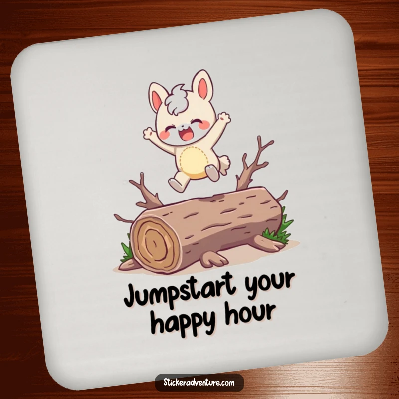 Funny Coasters: A character joyfully leaps over a fallen log, protecting furniture with style.