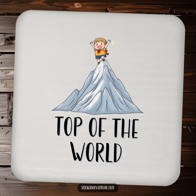 Funny character on a mountain peak, triumphant pose, protecting surfaces, inspiring and practical funny gift.