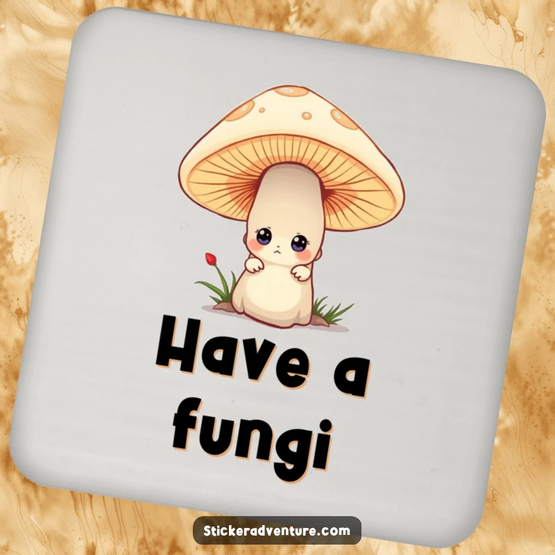 Funny drink coaster with a tiny character curiously peeking from behind a large mushroom, a playful addition to any surface.