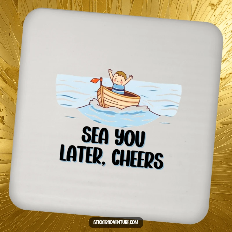 Funny drink coasters featuring a small, happy character waving from a small boat on a vast ocean, adding a touch of nautical, humorous decor.