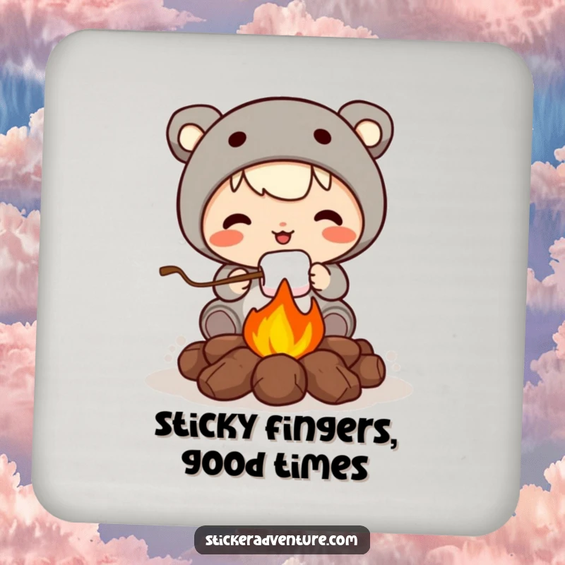 Funny drink coasters featuring a cute character roasting a marshmallow over a campfire, protecting surfaces with charm.