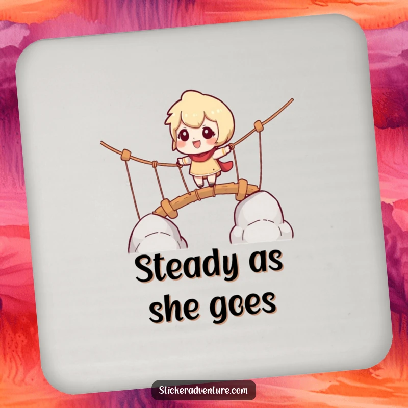 Funny drink coaster showing a character cautiously navigating a rope bridge with playful challenge, protecting tables stylishly.