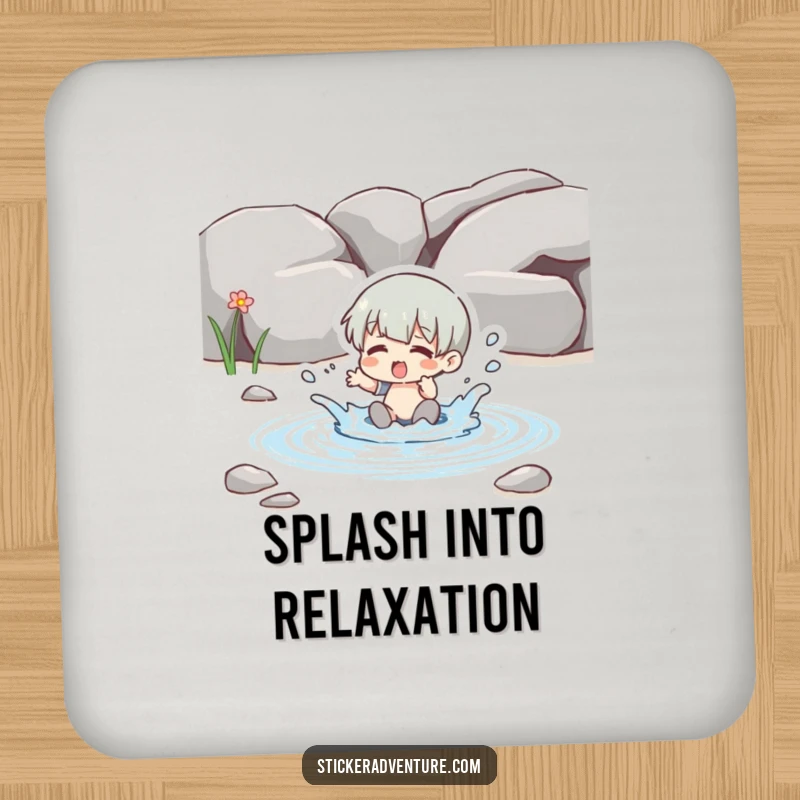 Funny splashing stream coaster set, a character playing in a clear stream, protecting tables with humor.