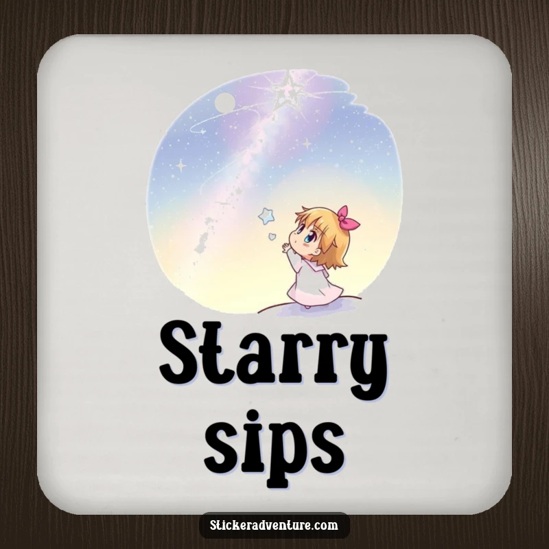 Funny coaster featuring a joyful character looking up in awe at a vast, sparkling starlit night sky.