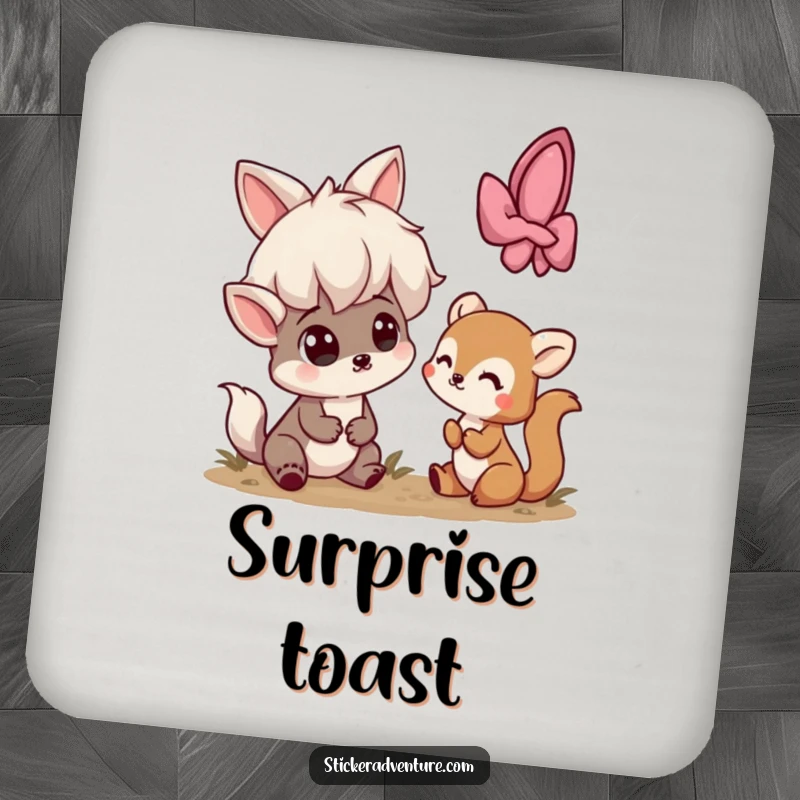 Funny coaster featuring a playful character looking surprised by a small, shy woodland creature, adding charm.