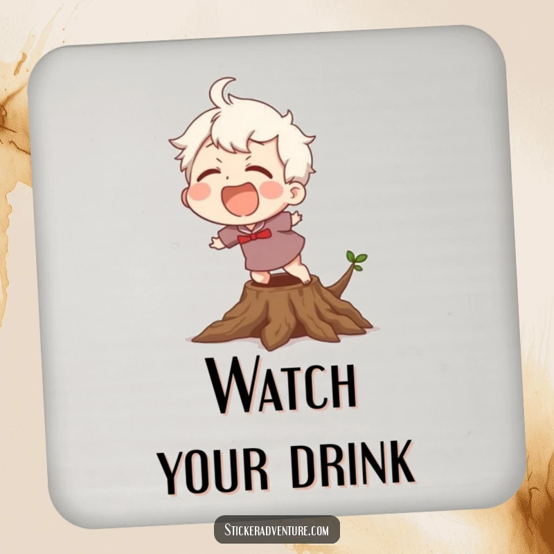 Funny Coaster: A character laughing heartily while stumbling over a visible tree root, adding a touch of humor.