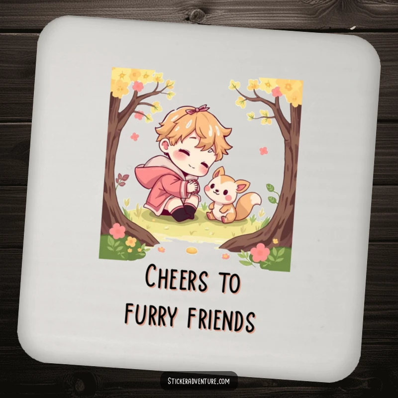 Funny drink coaster depicting a character playfully interacting with a curious woodland creature. Charming and humorous protection.