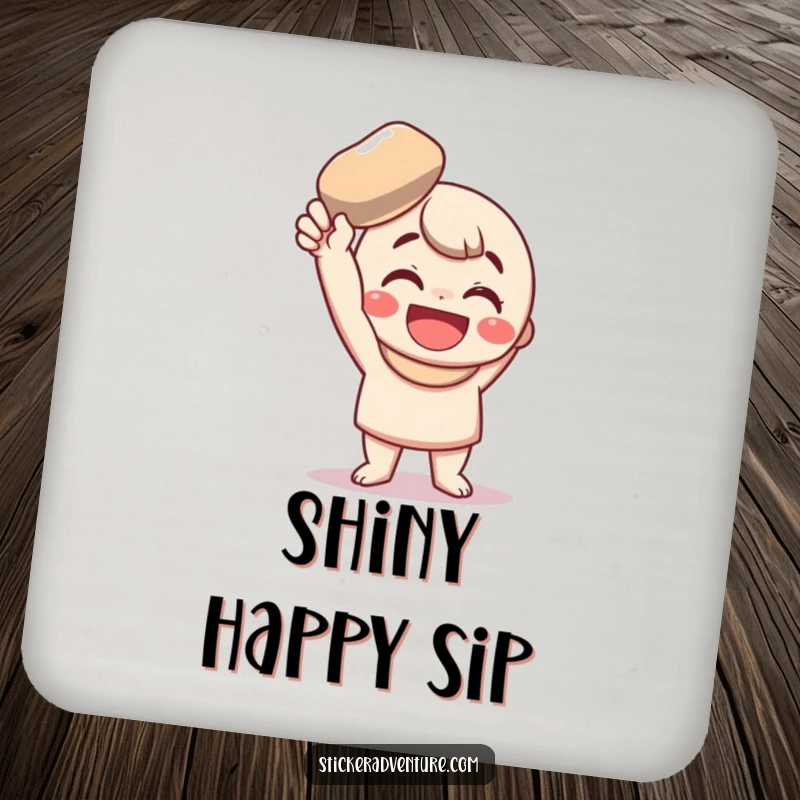 Funny Coaster: A character proudly displays a shiny pebble, offering funny protection for your surfaces.