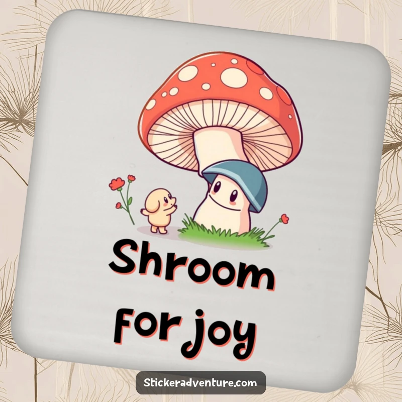 Funny drink coaster with a whimsical character marveling at a giant, colorful mushroom, evoking a sense of wonder.