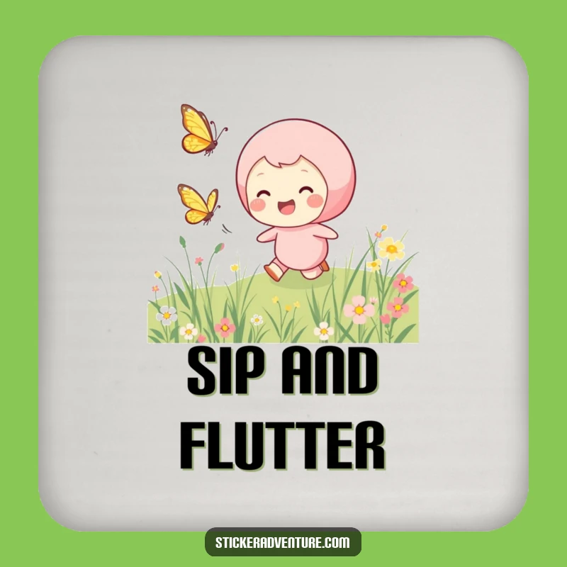 Funny Chasing Butterfly Drink Coaster: Protect Surfaces with Meadow Joy