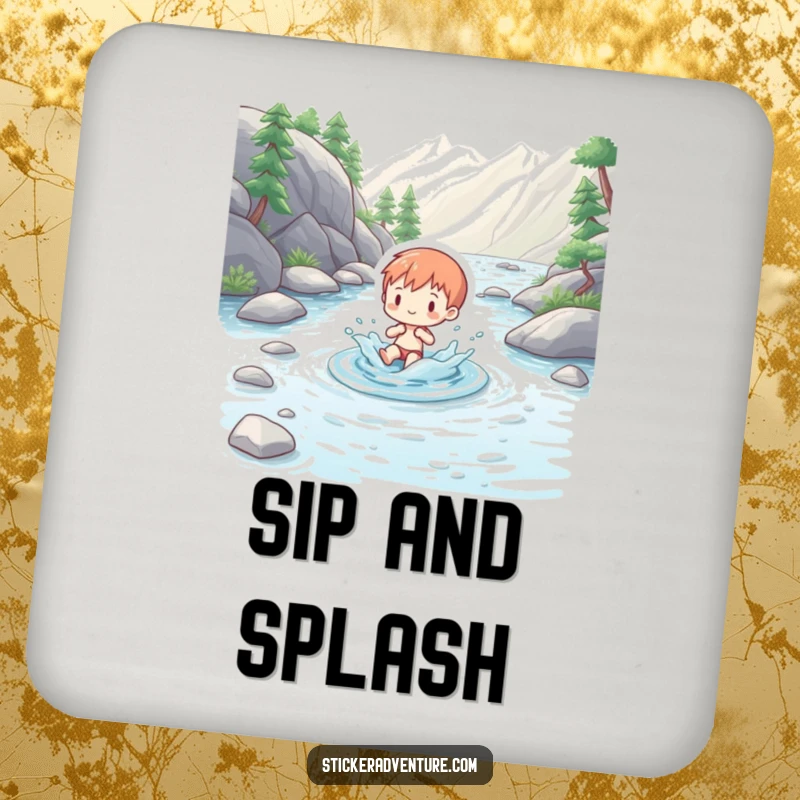 Funny drink coasters showcasing a charming figure playfully splashing in a clear mountain stream, adding playful natural flair.