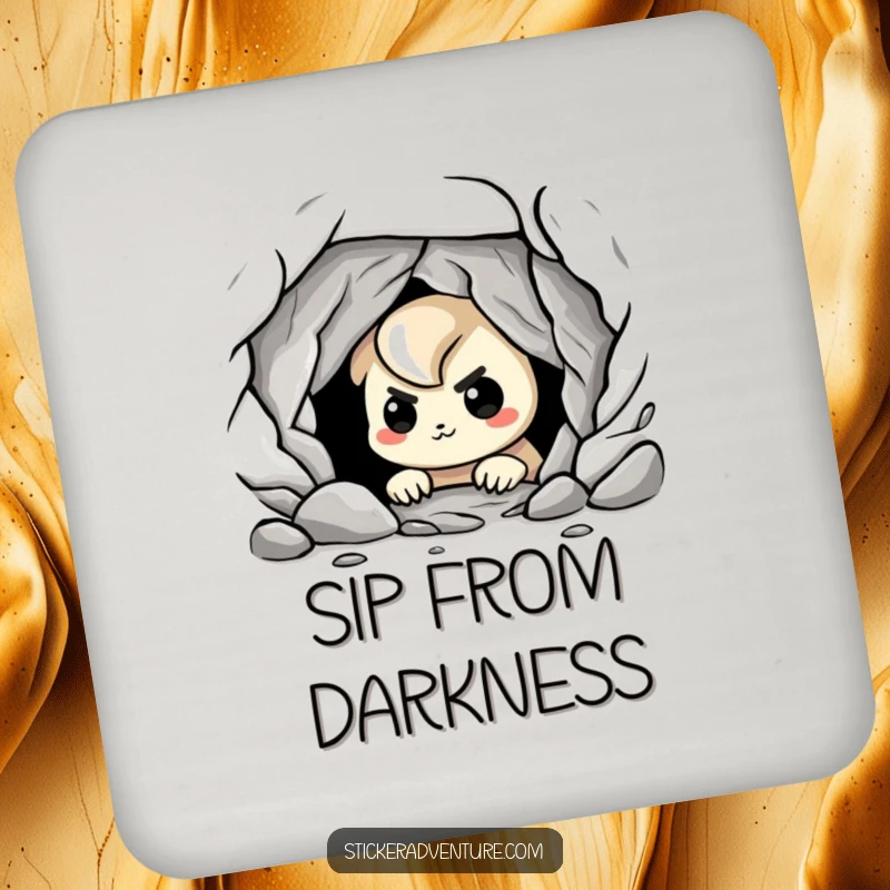 Funny cave explorer drink coaster, depicting a playful character peering into a dark cave with a nervous grin, protecting your table.