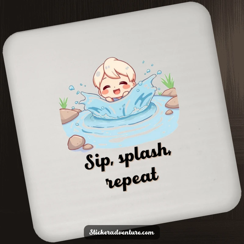 Funny Coaster: Character beaming with delight while splashing through a playful river, adding humor to drink protection.