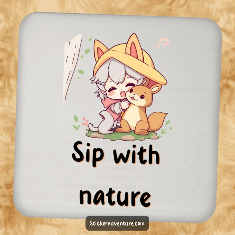 Funny forest friends drink coaster featuring a character playfully interacting with a friendly forest creature; humorous accessory.