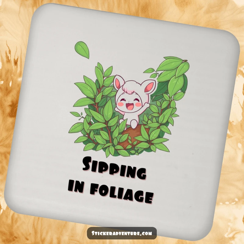 Funny drink coaster featuring a character excitedly navigating dense foliage with a smile, adding humor to gatherings.