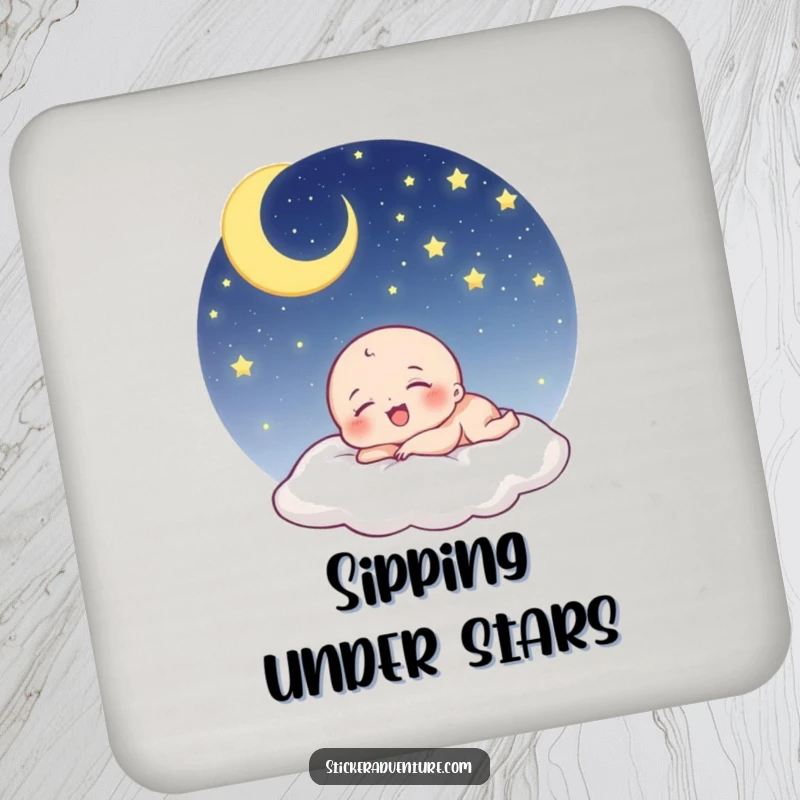 Funny being coaster: a tiny, cute character laughs while sleeping under a starry sky, a charming desk accessory.