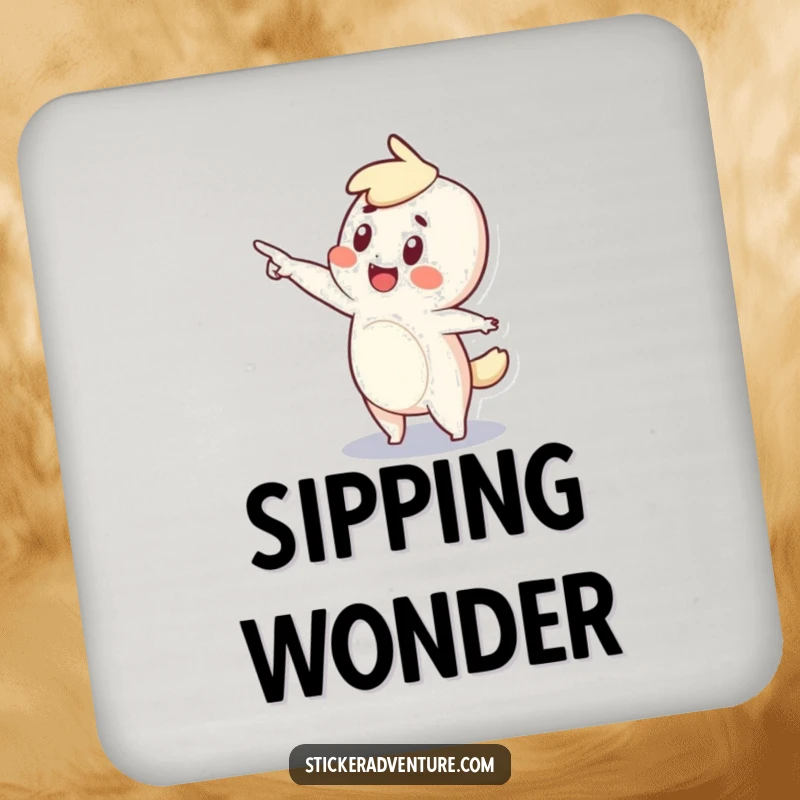 Funny drink coaster featuring a tiny character excitedly pointing into the distance with a look of pure wonder.