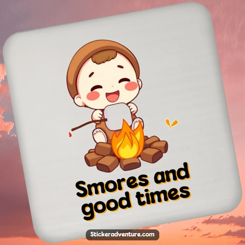 Funny campfire marshmallow coaster set, a person roasting a marshmallow over a fire, protecting tables with humor.