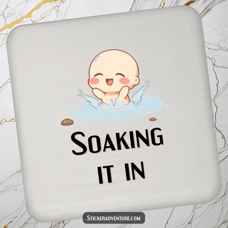 Funny drink coaster with a small character gleefully splashing in a stream with eyes closed, adding a touch of watery cheer.