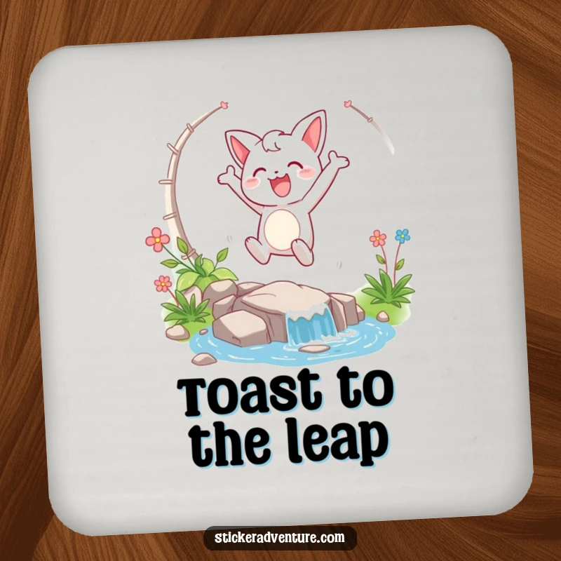 Funny drink coaster featuring a happy character taking a triumphant leap over a stream, adding humor to gatherings.