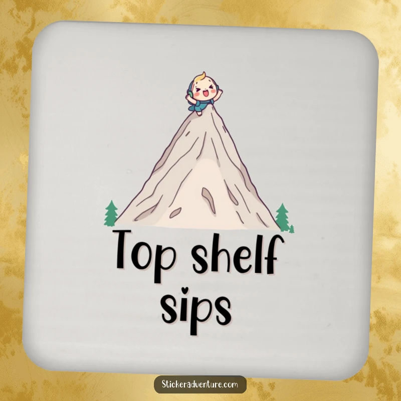 Funny drink coasters featuring a cute character cheerfully climbing a tall mountain peak with a backpack, adding a touch of triumphant, adventurous decor.