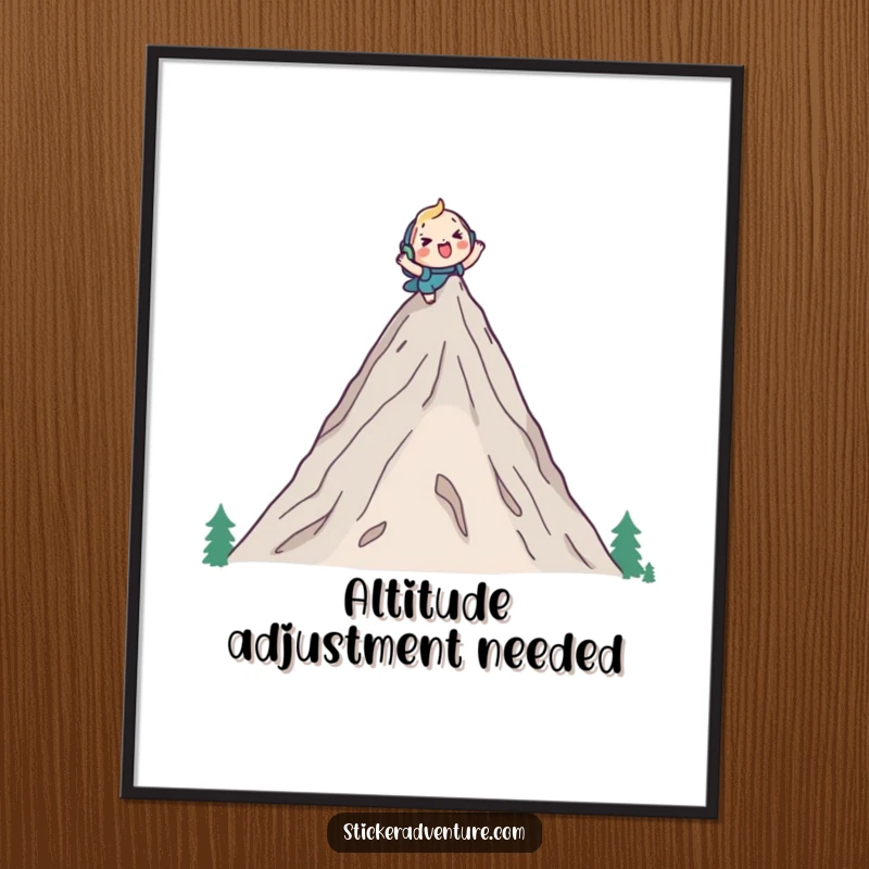 Funny poster art of a cute character cheerfully climbing a tall mountain peak with a backpack, illustrating a humorous journey to success.