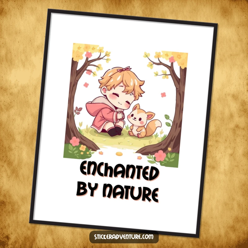 Funny poster illustrating a character playfully interacting with a curious woodland creature, evoking charm and humor. Forest-themed art.