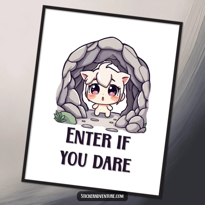 Funny Poster: Character discovering a hidden cave entrance with wide, surprised eyes, creating a moment of humorous intrigue.