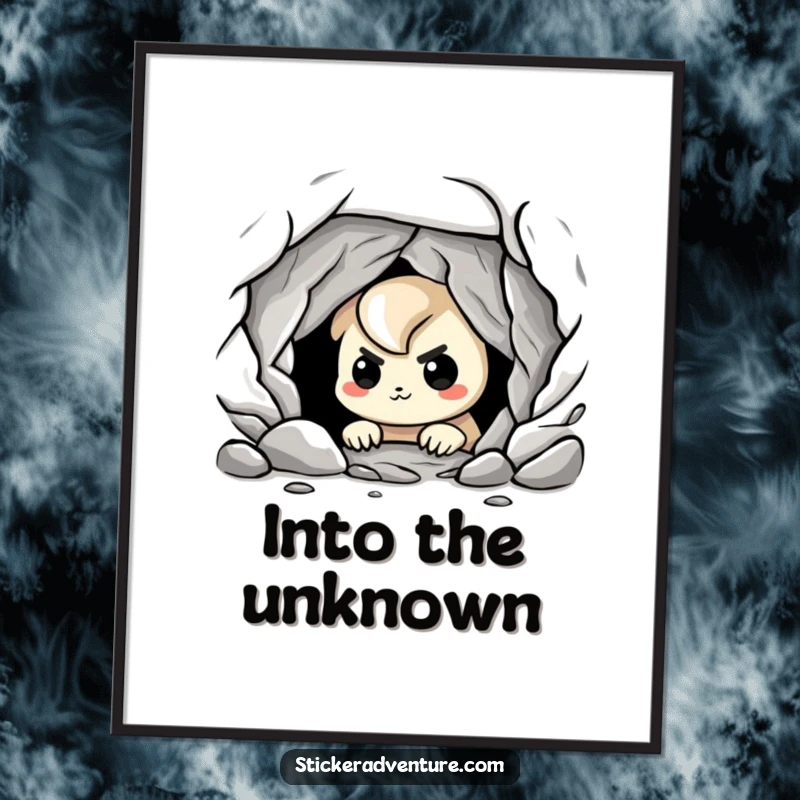 Funny cave explorer poster, illustrating a playful character peering into a dark cave with a nervous grin, capturing mystery.