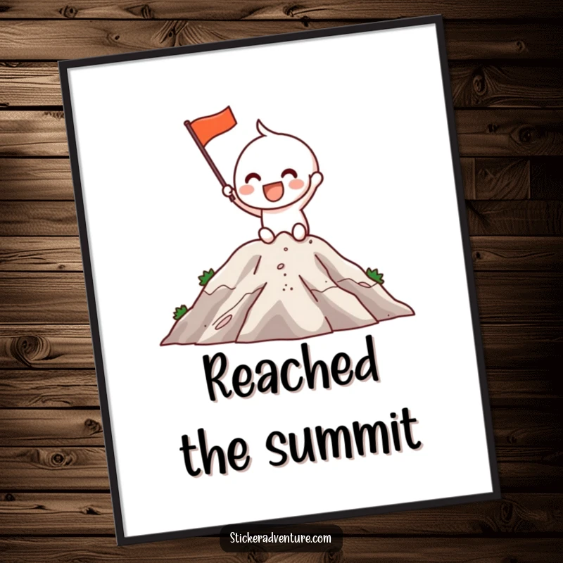 Funny Poster: An excited character grins while planting a small flag on a mountaintop, symbolizing triumph and perseverance.
