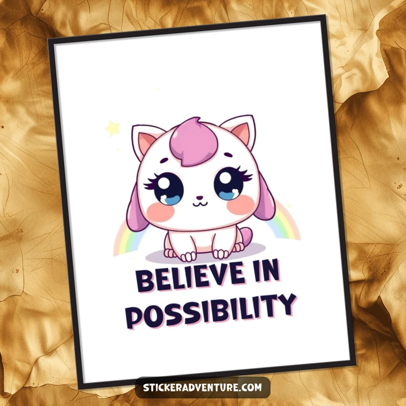 Funny poster art of a sweet creature looking at a rainbow, evoking wonder and hope, a perfect funny gift for walls.