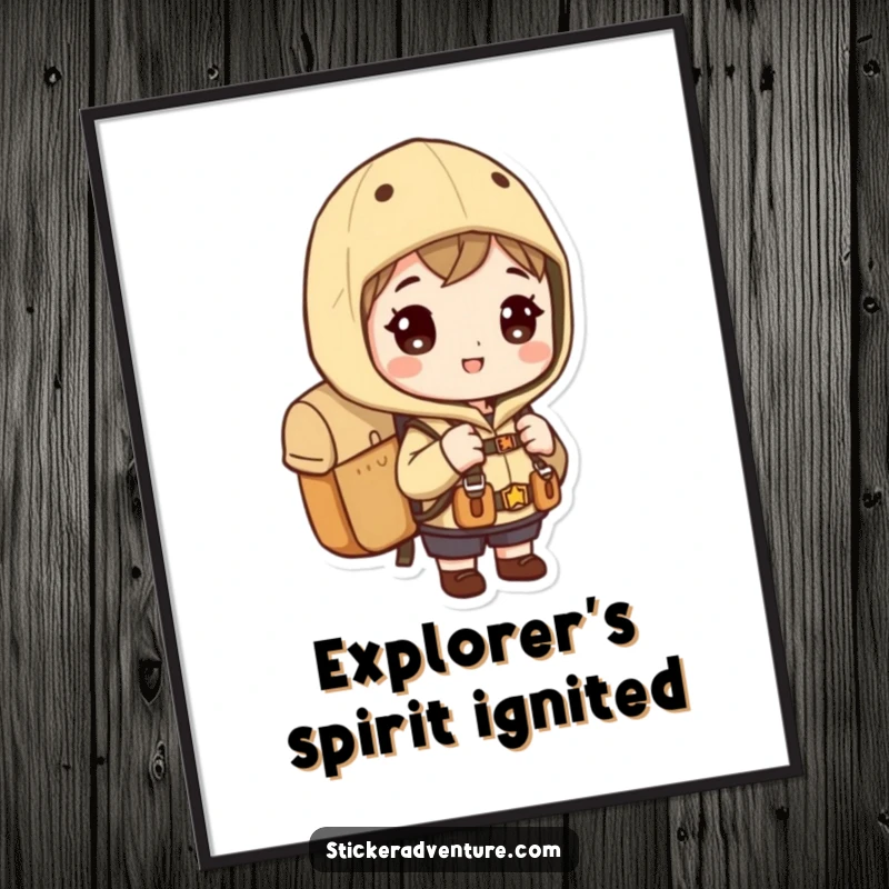 Funny exploration poster, a character with a backpack, eyes wide with eagerness for adventure and discovery.