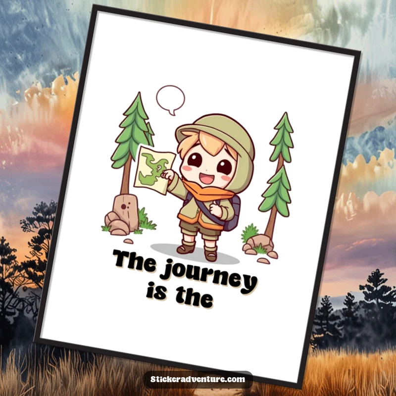 Funny Poster: A cheerful character holds a map, pointing towards an unknown trail, inviting viewers to explore.