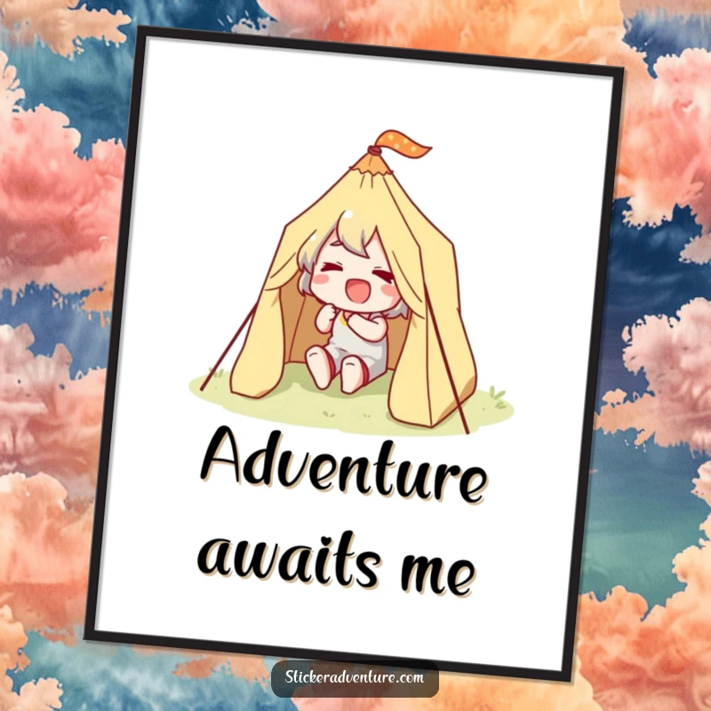 Funny Happy Camper Poster: An illustration of a character happily and determinedly setting up a small tent.