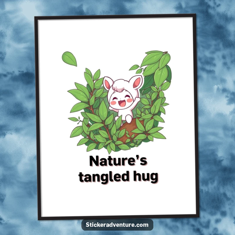 Funny poster showing a character excitedly navigating dense foliage with a smile, symbolizing adventure and a cheerful journey.