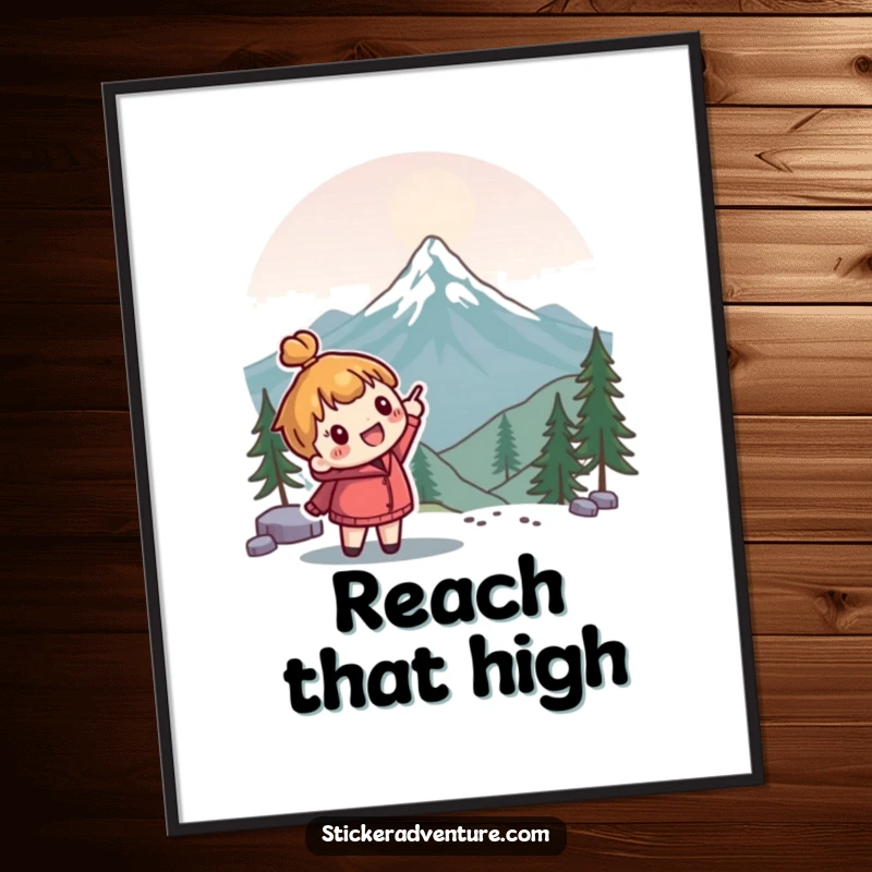 Funny mountain peak poster featuring a cute character enthusiastically pointing towards a distant peak; inspirational and humorous wall art.