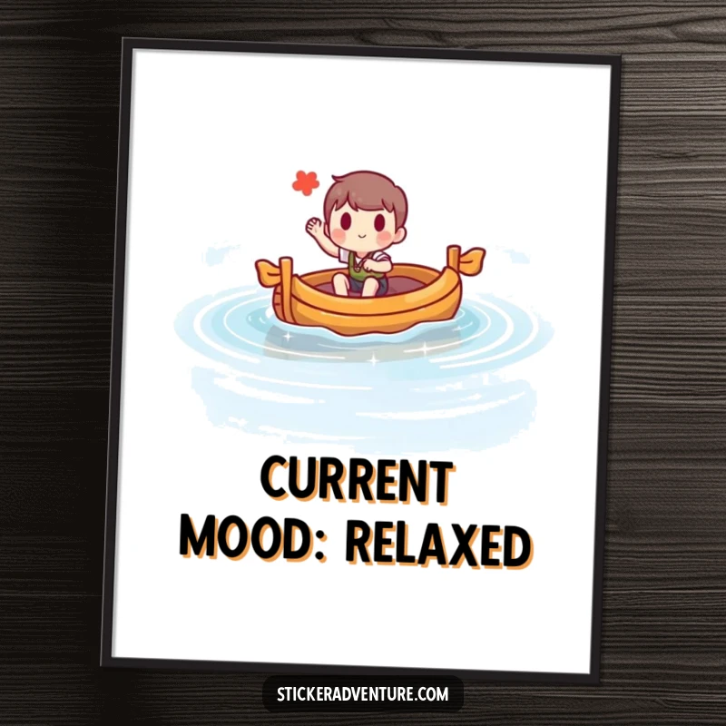 Funny poster of a character steering a small raft on a sparkling lake, waving cheerfully. Humorous water adventure art.