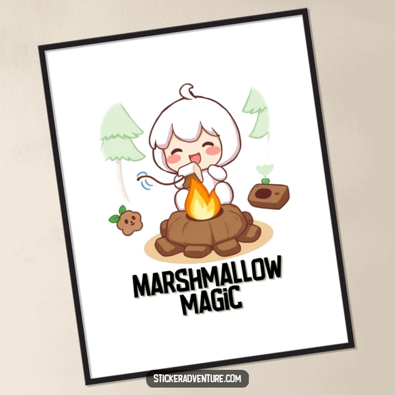 Funny poster art of a character joyfully roasting a marshmallow over a cozy campfire, perfect for adding warmth to any space.