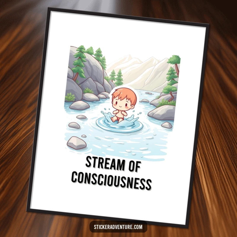 Funny poster of a charming figure playfully splashing in a clear mountain stream, capturing a serene and joyful outdoor scene.