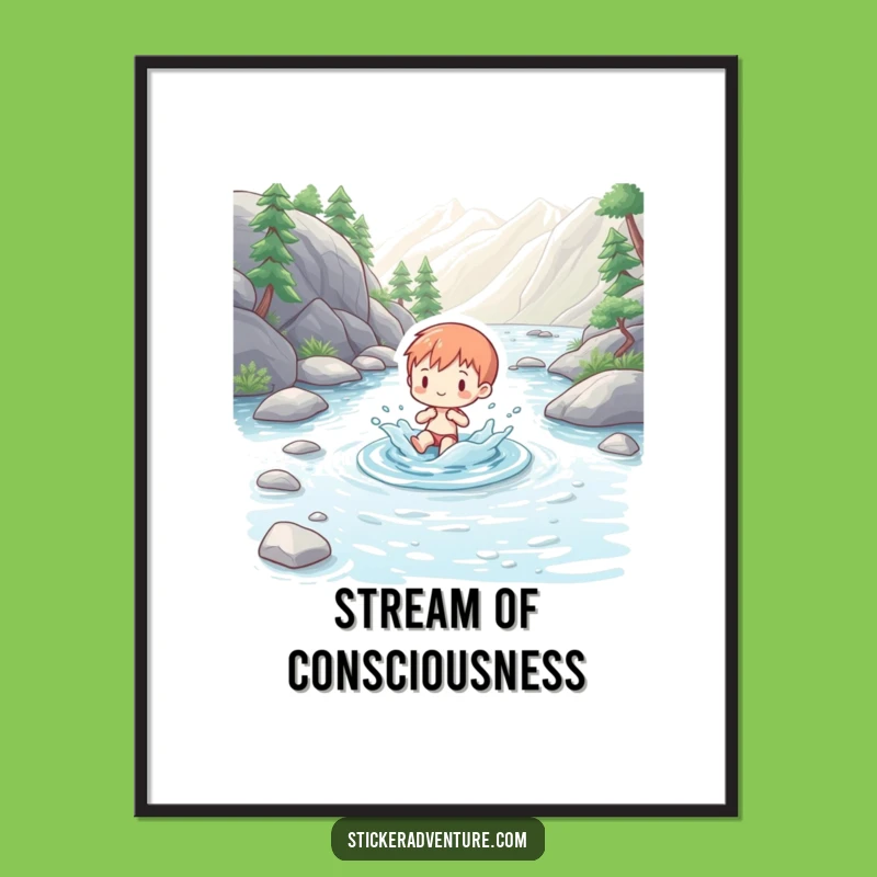 Funny Splashing Figure Poster: Charming Mountain Stream Artwork for Your Walls